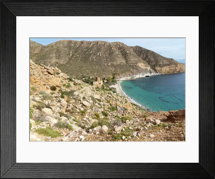 Framed Print : Castle, buildings and beach, Cala de San Pedro, Cabo de Gata Natural Park, Nijar, Almeria, Spain, Europe Framed Print : Castle, buildings and beach, Cala de San Pedro, Cabo de Gata Natural Park, Nijar, Almeria, Spain, Europe