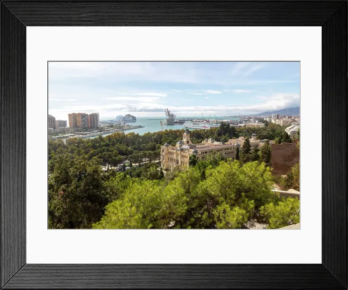 Framed Print : Cityscape view over city centre and dock area with Trasmediterranea ferry in port, and city hall (Ayuntamiento) in centre, Malaga, Andalusia, Spain, Europe Framed Print : Cityscape view over city centre and dock area with Trasmediterranea ferry in port, and city hall (Ayuntamiento) in centre, Malaga, Andalusia, Spain, Europe