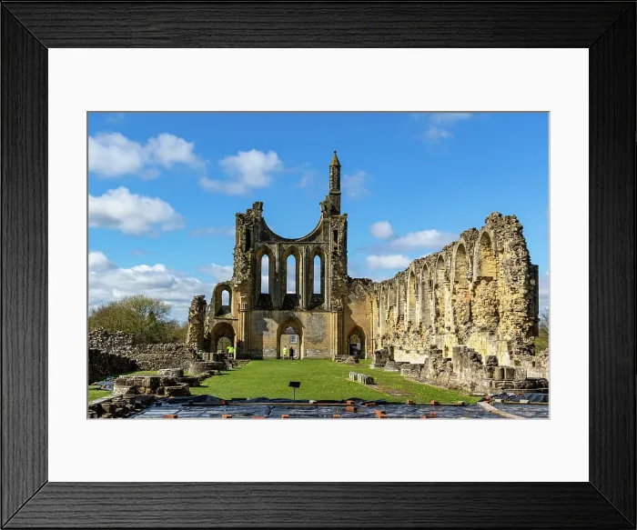 Framed Print : Ancient ruins of a Gothic abbey under blue sky with clouds at Byland Abbey, North Yorkshire, England, United Kingdom, Europe Framed Print : Ancient ruins of a Gothic abbey under blue sky with clouds at Byland Abbey, North Yorkshire, England, United Kingdom, Europe