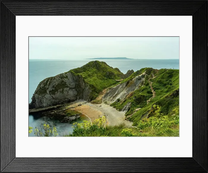 Framed Print : Scenic view of a coastal landscape with cliffs, beach, and a winding path leading to the sea at Durdle Door, Jurassic Coast, UNESCO World Heritage Site, Dorset, England, United Kingdom, Europe Framed Print : Scenic view of a coastal landscape with cliffs, beach, and a winding path leading to the sea at Durdle Door, Jurassic Coast, UNESCO World Heritage Site, Dorset, England, United Kingdom, Europe
