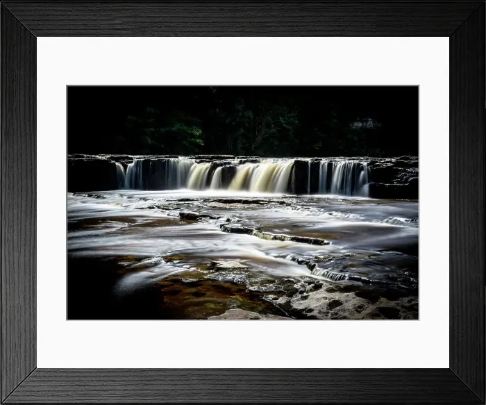 Framed Print : Silky smooth waterfall cascading over rocks with a dark, moody forest backdrop, North Yorkshire, England, United Kingdom, Eurpe Framed Print : Silky smooth waterfall cascading over rocks with a dark, moody forest backdrop, North Yorkshire, England, United Kingdom, Eurpe