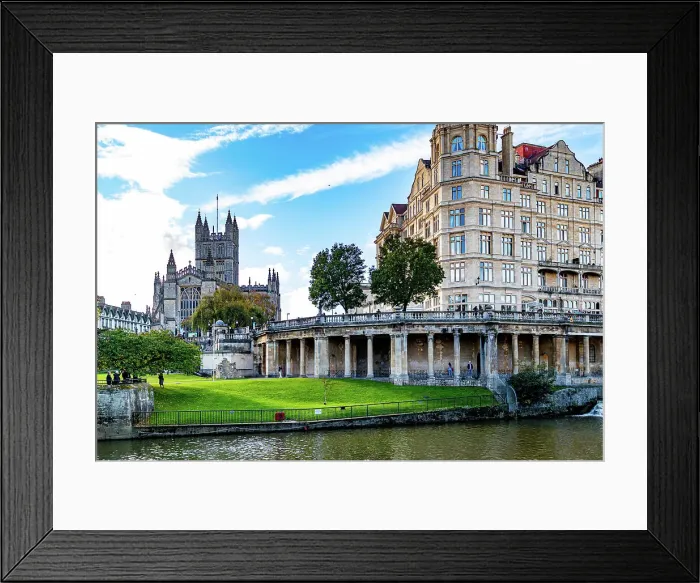 Framed Print : Historic cityscape with Abbey, classic architecture, and riverfront promenade under a blue sky, Bath, Somerset, England, United Kingdom, Europe Framed Print : Historic cityscape with Abbey, classic architecture, and riverfront promenade under a blue sky, Bath, Somerset, England, United Kingdom, Europe