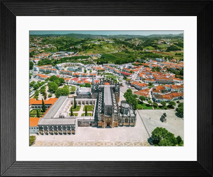 Framed Print : Aerial of the Monastery of the Dominicans of Batalha, built to commemorate the Portuguese victory over the Castilians at the battle of Aljubarrota in 1385, UNESCO World Heritage Site, Batalha, Centro, Portugal, Europe