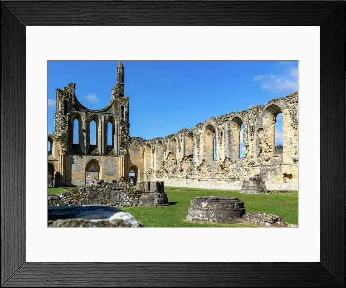 Framed Print : Sunny day at ancient Gothic ruins with blue sky, Byland Abbey, North Yorkshire, England, United Kingdom, Europe Framed Print : Sunny day at ancient Gothic ruins with blue sky, Byland Abbey, North Yorkshire, England, United Kingdom, Europe