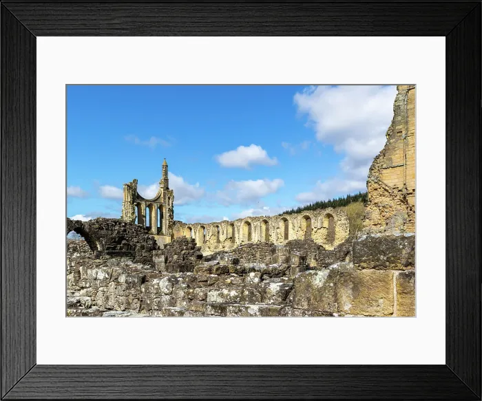 Framed Print : Ancient ruins under blue sky with clouds, historical architecture with arches and columns at Byland Abbey, North Yorkshire, England, United Kingdom, Europe Framed Print : Ancient ruins under blue sky with clouds, historical architecture with arches and columns at Byland Abbey, North Yorkshire, England, United Kingdom, Europe