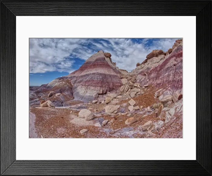 Framed Print : View from below the north cliffs of Blue Mesa in Petrified Forest National Park, Arizona, United States of America, North America Framed Print : View from below the north cliffs of Blue Mesa in Petrified Forest National Park, Arizona, United States of America, North America