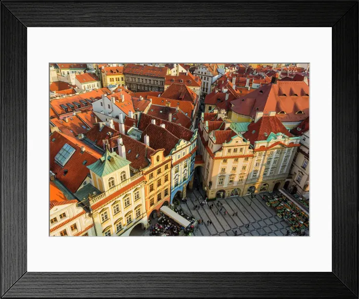 Framed Print : Elevated view of houses by Old Town City Hall on Old Town Square, UNESCO World Heritage Site, Prague, Czechia, Europe Framed Print : Elevated view of houses by Old Town City Hall on Old Town Square, UNESCO World Heritage Site, Prague, Czechia, Europe