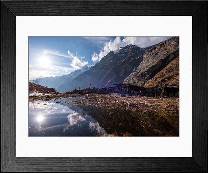 Framed Print : Mountain slopes reflected in a water puddle in agricultural fields, Lang Tang village, Himalayas, Nepal, Asia Framed Print : Mountain slopes reflected in a water puddle in agricultural fields, Lang Tang village, Himalayas, Nepal, Asia