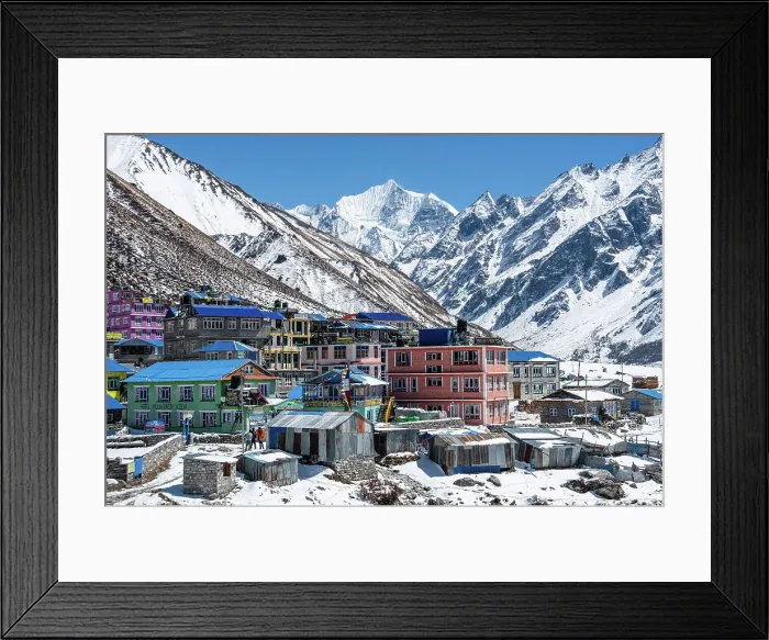 Framed Print : Colourful houses with blue rooftops in front of the icy summits of Gangchempo. Kyanjin Gompa, Langtang valley trek, Himalayas, Nepal, Asia Framed Print : Colourful houses with blue rooftops in front of the icy summits of Gangchempo. Kyanjin Gompa, Langtang valley trek, Himalayas, Nepal, Asia
