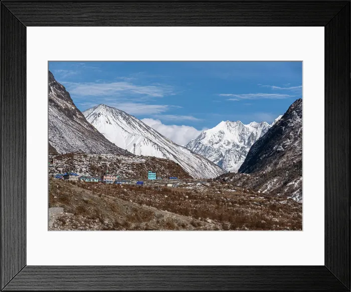 Framed Print : Serene view of Langtang Village in front of Tserko ri and Gangchempo, Langtang Valley trek, Himalayas, Nepal, Asia Framed Print : Serene view of Langtang Village in front of Tserko ri and Gangchempo, Langtang Valley trek, Himalayas, Nepal, Asia