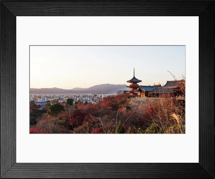 Framed Print : Kiyomizu Temple (Kiyomizu-dera) in the evening sunset and autumnal scenery with vibrant colours and city skyline panorama, UNESCO World Heritage Site, Kyoto, Honshu, Japan, Asia Framed Print : Kiyomizu Temple (Kiyomizu-dera) in the evening sunset and autumnal scenery with vibrant colours and city skyline panorama, UNESCO World Heritage Site, Kyoto, Honshu, Japan, Asia
