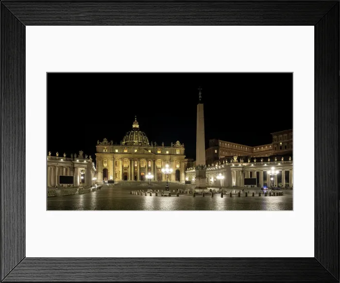 Framed Print : Night view of Saint Peter's Square in Vatican City, the papal enclave in Rome, with the Vatican obelisk, an ancient Egyptian obelisk, at the centre and St. Peter's Basilica in the background, UNESCO World Heritage Site, Rome, Lazio, Italy, Europe