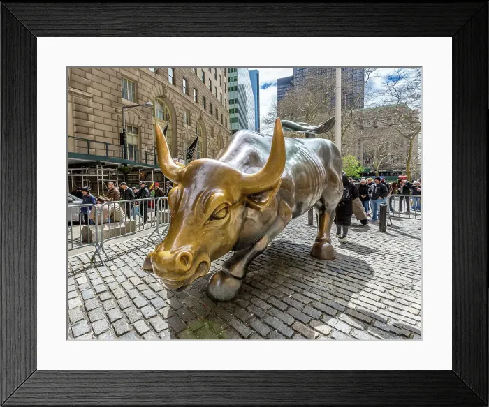Framed Print : Charging Bull sculpture, near to Wall Street, installed in 1989 and symbolises the Financial Markets, New York City, United States of America, North America