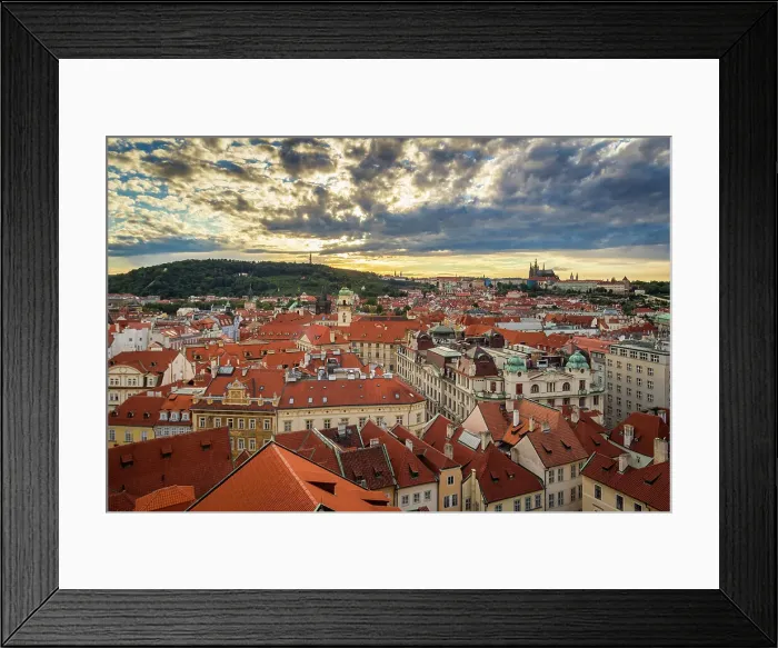 Framed Print : Aerial view of Old Town with distant view of Prague Castle as seen from Powder Tower, UNESCO World Heritage Site, Prague, Czechia, Europe Framed Print : Aerial view of Old Town with distant view of Prague Castle as seen from Powder Tower, UNESCO World Heritage Site, Prague, Czechia, Europe