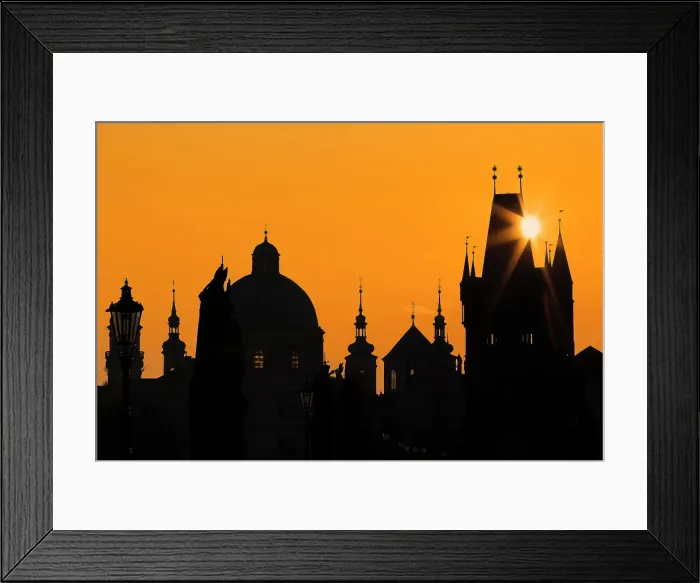 Framed Print : Sun rising above silhouettes of towers and spires at Charles Bridge at sunrise, UNESCO World Heritage Site, Prague, Czechia, Europe Framed Print : Sun rising above silhouettes of towers and spires at Charles Bridge at sunrise, UNESCO World Heritage Site, Prague, Czechia, Europe