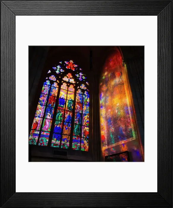 Framed Print : Colorful mosaic window and its reflection inside St. Vitus Cathedral, Prague Castle, UNESCO World Heritage Site, Prague, Czechia, Europe Framed Print : Colorful mosaic window and its reflection inside St. Vitus Cathedral, Prague Castle, UNESCO World Heritage Site, Prague, Czechia, Europe