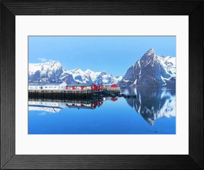 Framed Print : Dusk over the fishing village and the calm water of the fjord surrounded by snowy mountains, Hamnoy, Reine, Moskenes, Lofoten Islands, Norway, Scandinavia, Europe Framed Print : Dusk over the fishing village and the calm water of the fjord surrounded by snowy mountains, Hamnoy, Reine, Moskenes, Lofoten Islands, Norway, Scandinavia, Europe