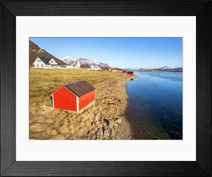 Framed Print : Traditional red cabins by the fjord seen in a sunny clear day, Leknes, Lofoten Islands, Norway, Scandinavia, Europe Framed Print : Traditional red cabins by the fjord seen in a sunny clear day, Leknes, Lofoten Islands, Norway, Scandinavia, Europe
