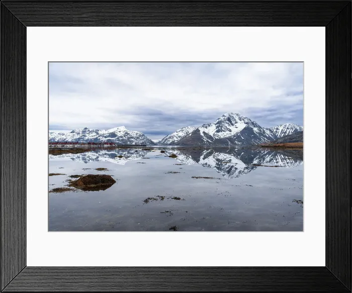 Framed Print : Tall mountains with snowy peaks reflecting in the calm water of the fjord at high tide with scenic clouds, Leknes, Lofoten Islands, Norway, Scandinavia, Europe Framed Print : Tall mountains with snowy peaks reflecting in the calm water of the fjord at high tide with scenic clouds, Leknes, Lofoten Islands, Norway, Scandinavia, Europe
