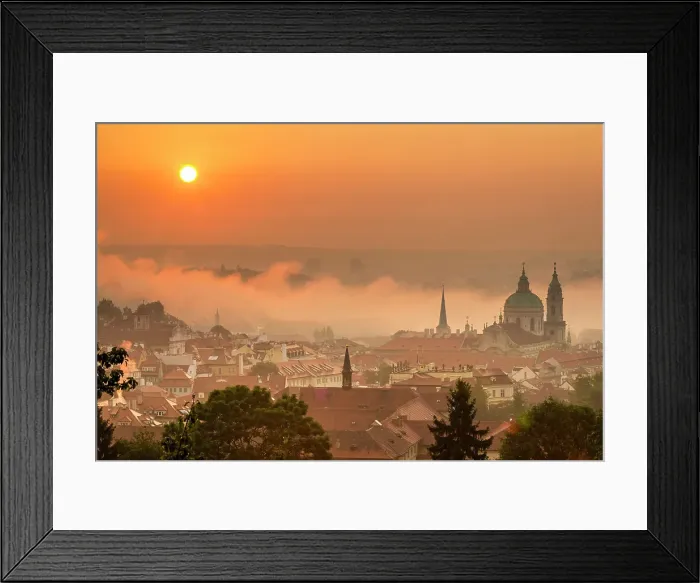 Framed Print : St. Nicholas Church on foggy morning at sunrise, Prague, Czech Republic (Czechia), Europe