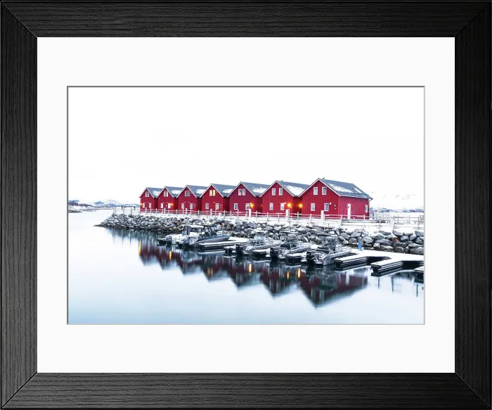 Framed Print : Row of red traditional wooden cabins standing above a small harbour in the snowy landscape, Leknes, Lofoten Islands, Norway, Scandinavia, Europe Framed Print : Row of red traditional wooden cabins standing above a small harbour in the snowy landscape, Leknes, Lofoten Islands, Norway, Scandinavia, Europe