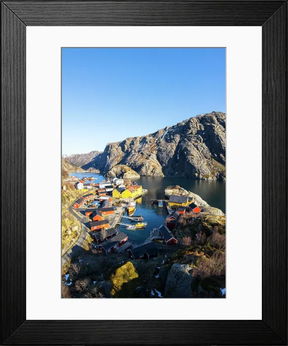Framed Print : Nusfjord traditional fishing village with wooden rorbu on a sunny day in spring, Nusfjord, Lofoten Islands, Norway, Scandinavia, Europe Framed Print : Nusfjord traditional fishing village with wooden rorbu on a sunny day in spring, Nusfjord, Lofoten Islands, Norway, Scandinavia, Europe