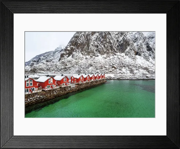 Framed Print : Typical wooden rorbu in winter scenery by the emerald water of the fjord, Svolvaer, Lofoten Islands, Norway, Scandinavia, Europe Framed Print : Typical wooden rorbu in winter scenery by the emerald water of the fjord, Svolvaer, Lofoten Islands, Norway, Scandinavia, Europe