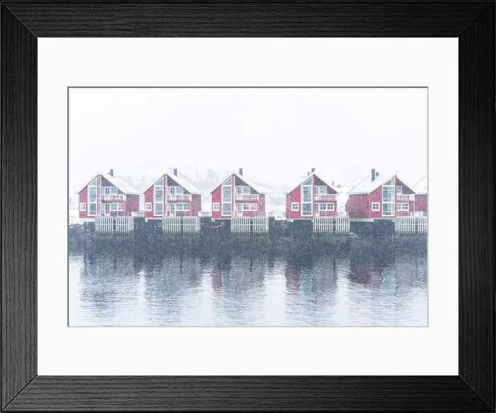 Framed Print : Row of traditional red rorbu under heavy snowfall, Svolvaer, Austvagsoya, Lofoten Islands, Norway, Scandinavia, Europe Framed Print : Row of traditional red rorbu under heavy snowfall, Svolvaer, Austvagsoya, Lofoten Islands, Norway, Scandinavia, Europe