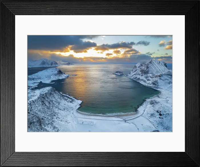 Framed Print : Winter aerial view of a beach covered with snow at sunset, Vik beach, Vestvagoy, Lofoten Islands, Norway, Scandinavia, Europe Framed Print : Winter aerial view of a beach covered with snow at sunset, Vik beach, Vestvagoy, Lofoten Islands, Norway, Scandinavia, Europe