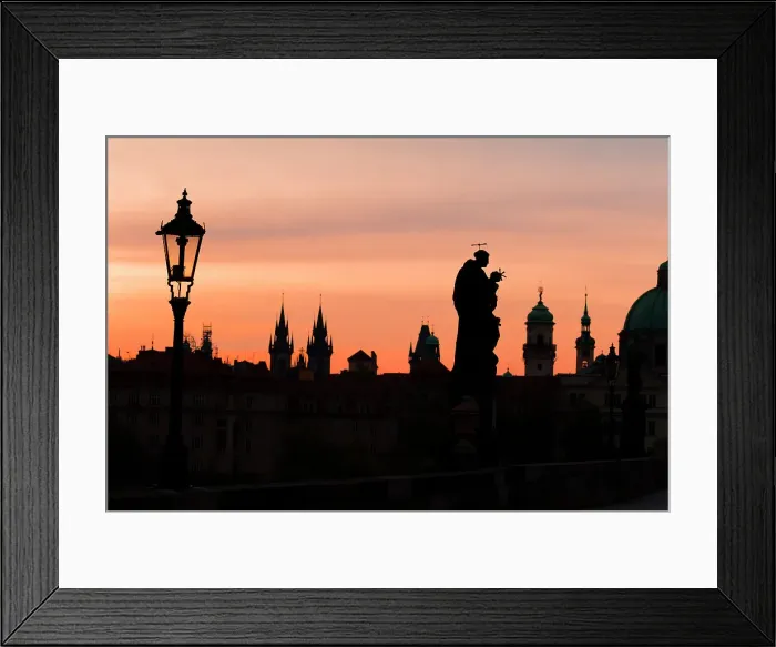 Framed Print : Silhouettes of a statue at Charles Bridge and spires at sunrise, UNESCO World Heritage Site, Prague, Czech Republic (Czechia), Europe Framed Print : Silhouettes of a statue at Charles Bridge and spires at sunrise, UNESCO World Heritage Site, Prague, Czech Republic (Czechia), Europe