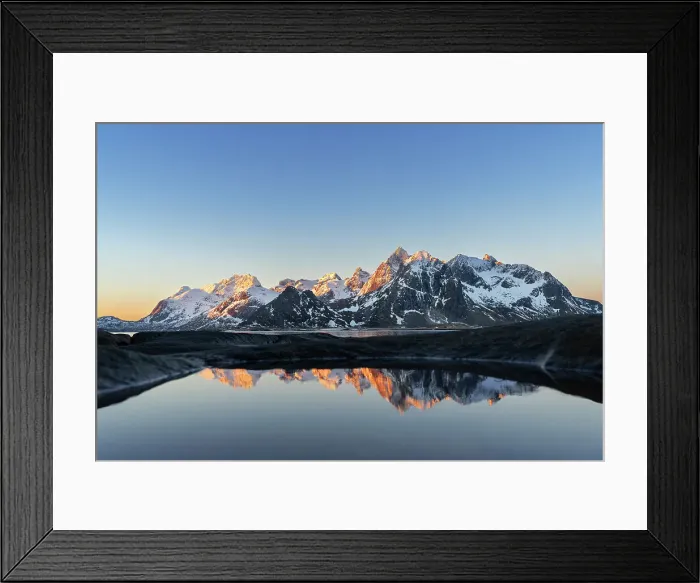 Framed Print : Warm morning lights on snowy mountains reflected in a pool by the fjord, Vareid, Flakstad municipality, Lofoten Islands, Norway, Scandinavia, Europe Framed Print : Warm morning lights on snowy mountains reflected in a pool by the fjord, Vareid, Flakstad municipality, Lofoten Islands, Norway, Scandinavia, Europe