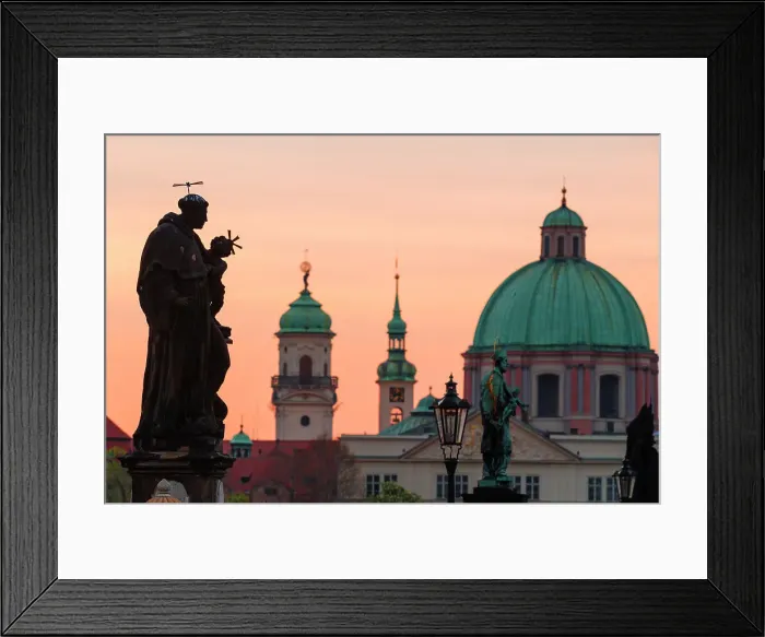 Framed Print : Statue at Charles Bridge with a dome of St. Francis of Assisi in the background at sunrise, UNESCO World Heritage Site, Prague, Czech Republic (Czechia), Europe Framed Print : Statue at Charles Bridge with a dome of St. Francis of Assisi in the background at sunrise, UNESCO World Heritage Site, Prague, Czech Republic (Czechia), Europe