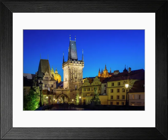 Framed Print : Illuminated Lesser Town Bridge Tower, St. Nicholas Church and Prague Castle at twilight, UNESCO World Heritage Site, Old Town, Prague, Czech Republic (Czechia), Europe
