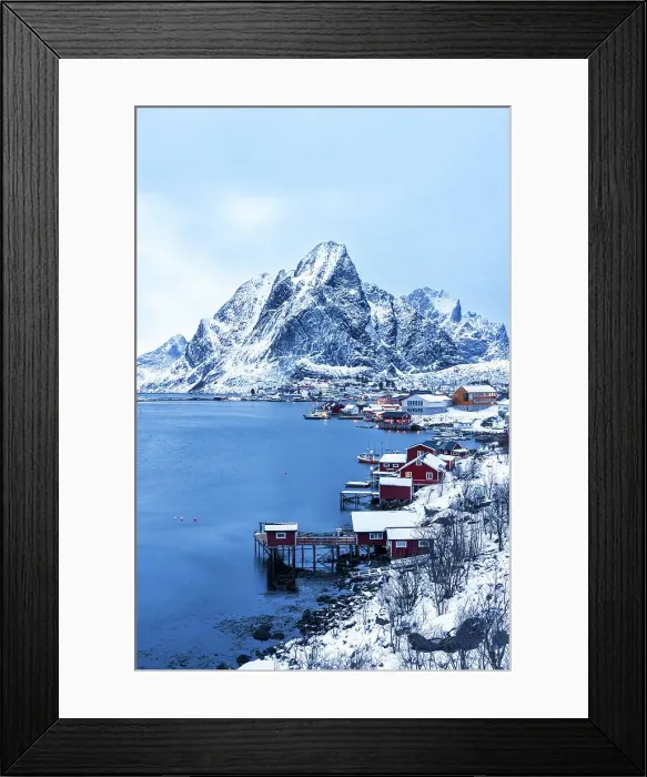 Framed Print : Dusk over the traditional fishing village of Reine after snowfall, Reine, Lofoten Islands, Norway, Scandinavia, Europe Framed Print : Dusk over the traditional fishing village of Reine after snowfall, Reine, Lofoten Islands, Norway, Scandinavia, Europe