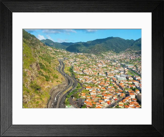 Framed Print : Elevated view of Machico with mountains in background, Madeira, Portugal, Atlantic, Europe Framed Print : Elevated view of Machico with mountains in background, Madeira, Portugal, Atlantic, Europe