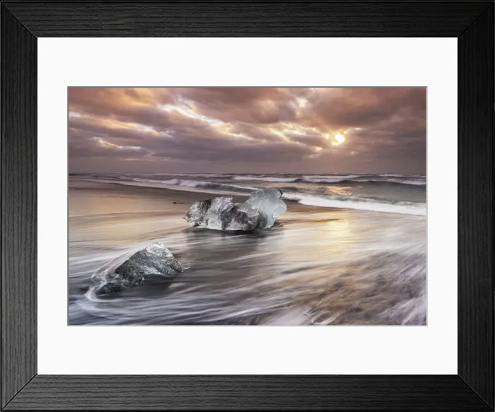 Framed Print : A block of ice deposited on Diamond Beach near the famous Jokusarloon Glacier Lagoon, on a winter morning, Iceland, Polar Regions Framed Print : A block of ice deposited on Diamond Beach near the famous Jokusarloon Glacier Lagoon, on a winter morning, Iceland, Polar Regions