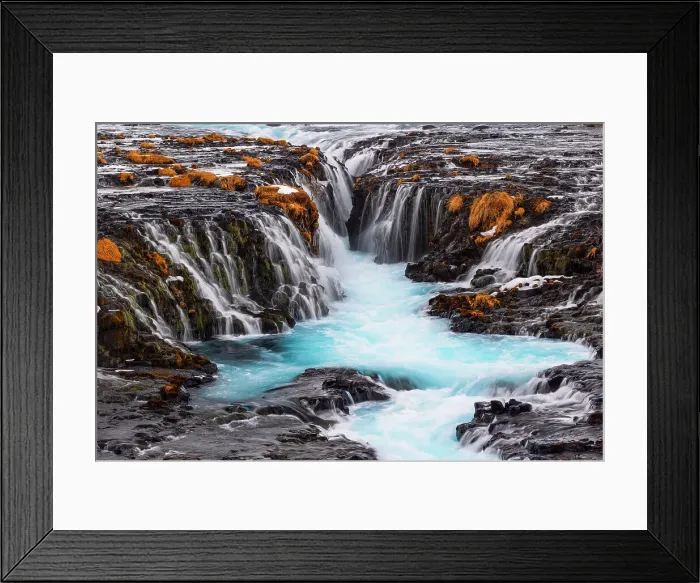 Framed Print : The incredibly colorful details of the famous Bruarfoss waterfall, with its turquoise water and golden grass, taken on a cold winter day, Iceland, Polar Regions Framed Print : The incredibly colorful details of the famous Bruarfoss waterfall, with its turquoise water and golden grass, taken on a cold winter day, Iceland, Polar Regions