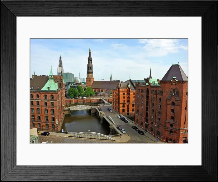 Framed Print : Aerial view of the Kleines Fleet canal in the Speicherstadt (City of Warehouses) with St. Catherine's Church in the background, HafenCity district, Hamburg, Germany, Europe Framed Print : Aerial view of the Kleines Fleet canal in the Speicherstadt (City of Warehouses) with St. Catherine's Church in the background, HafenCity district, Hamburg, Germany, Europe