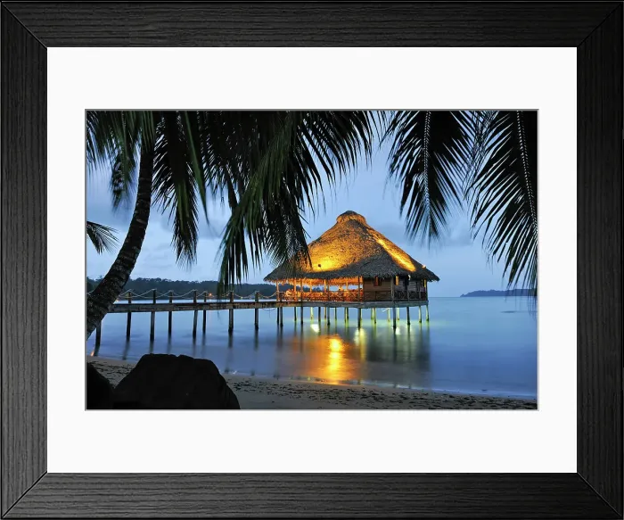 Framed Print : Bar and restaurant on stilts at dusk, Playa Tortuga hotel, Colon Island, Bocas del Toro Archipelago, Republic of Panama, Central America Framed Print : Bar and restaurant on stilts at dusk, Playa Tortuga hotel, Colon Island, Bocas del Toro Archipelago, Republic of Panama, Central America