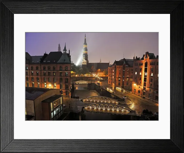 Framed Print : Aerial view of the Kleines Fleet canal in the Speicherstadt (City of Warehouses) with St. Catherine's Church in the background, HafenCity district, Hamburg, Germany, Europe Framed Print : Aerial view of the Kleines Fleet canal in the Speicherstadt (City of Warehouses) with St. Catherine's Church in the background, HafenCity district, Hamburg, Germany, Europe