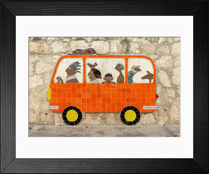 Framed Print : Ceramic tile artwork of Volkswagen van and passengers, Timothy Fisher Studio, Isla Mujeres, Caribbean Coast, Cancun, Quintana Roo, Mexico, North America