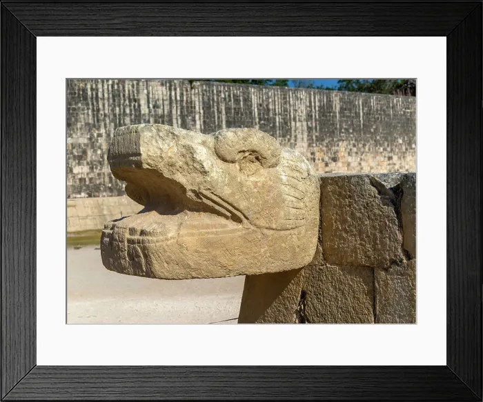 Framed Print : Carved stonework jaguar head with walls of the ball court, Juego de Pelota, Mayan ruins, Chichen Itza, UNESCO World Heritage Site, Yucatan, Mexico, North America Framed Print : Carved stonework jaguar head with walls of the ball court, Juego de Pelota, Mayan ruins, Chichen Itza, UNESCO World Heritage Site, Yucatan, Mexico, North America