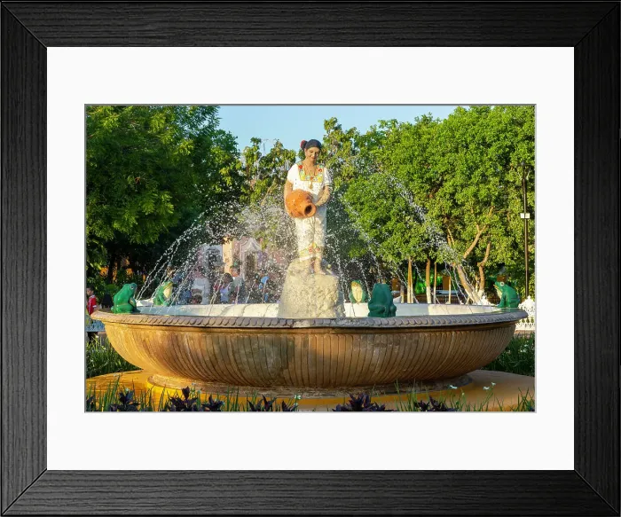 Framed Print : Female Mayan figure woman holding water jug in fountain, Francisco Canton Rosado Park, Vallodolid, Yucatan, Mexico, North America Framed Print : Female Mayan figure woman holding water jug in fountain, Francisco Canton Rosado Park, Vallodolid, Yucatan, Mexico, North America