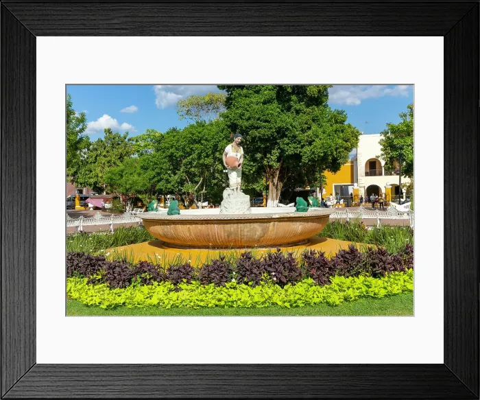 Framed Print : Female Mayan figure woman holding water jug in fountain, Francisco Canton Rosado Park, Vallodolid, Yucatan, Mexico, North America Framed Print : Female Mayan figure woman holding water jug in fountain, Francisco Canton Rosado Park, Vallodolid, Yucatan, Mexico, North America
