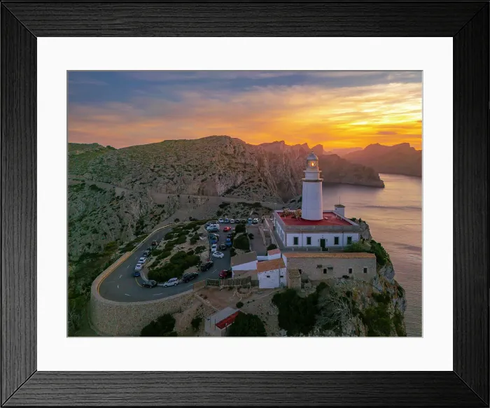 Framed Print : Aerial view of lighthouse at Cap Formentor at sunset, Majorca, Balearic Islands, Spain, Mediterranean, Europe Framed Print : Aerial view of lighthouse at Cap Formentor at sunset, Majorca, Balearic Islands, Spain, Mediterranean, Europe