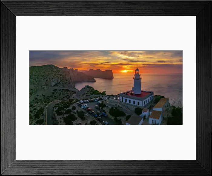 Framed Print : Aerial view of lighthouse at Cap Formentor at sunset, Majorca, Balearic Islands, Spain, Mediterranean, Europe Framed Print : Aerial view of lighthouse at Cap Formentor at sunset, Majorca, Balearic Islands, Spain, Mediterranean, Europe