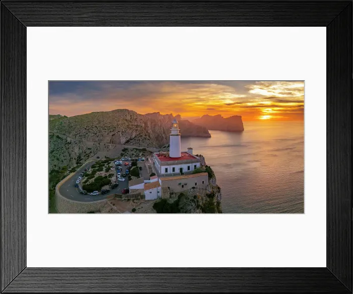 Framed Print : Aerial view of lighthouse at Cap Formentor at sunset, Majorca, Balearic Islands, Spain, Mediterranean, Europe Framed Print : Aerial view of lighthouse at Cap Formentor at sunset, Majorca, Balearic Islands, Spain, Mediterranean, Europe