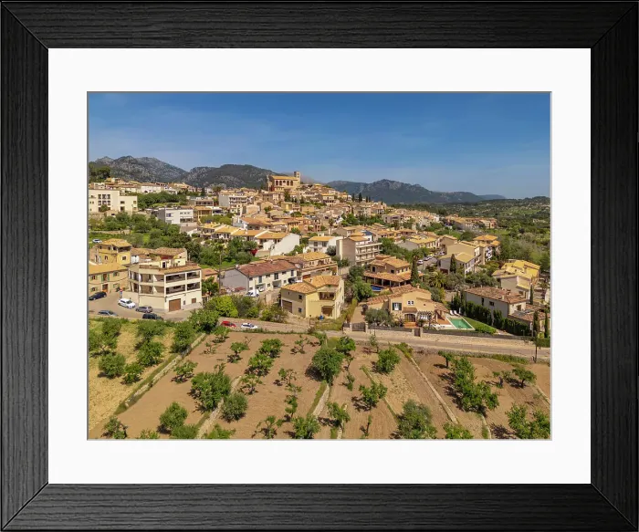 Framed Print : Aerial view of hilltop Sant Llorenc de Selva church, Selva, Majorca, Balearic Islands, Spain, Mediterranean, Europe Framed Print : Aerial view of hilltop Sant Llorenc de Selva church, Selva, Majorca, Balearic Islands, Spain, Mediterranean, Europe