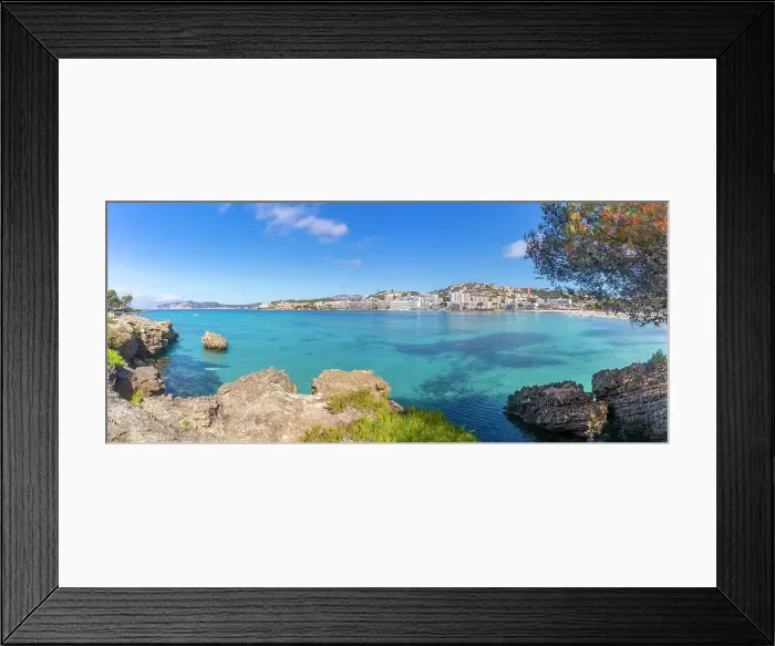 Framed Print : View of rocky shoreline by turquoise sea and Santa Ponsa, Majorca, Balearic Islands, Spain, Mediterranean, Europe Framed Print : View of rocky shoreline by turquoise sea and Santa Ponsa, Majorca, Balearic Islands, Spain, Mediterranean, Europe