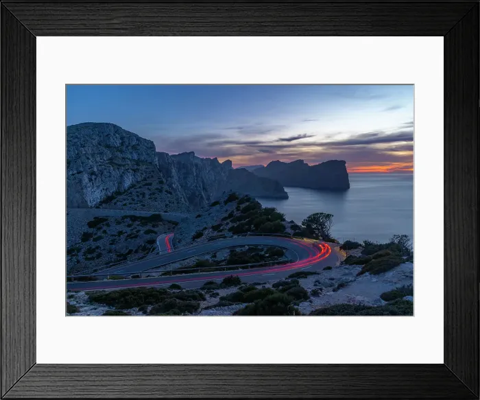 Framed Print : View of trail lights at dusk and road leading to Cap Formentor, Majorca, Balearic Islands, Spain, Mediterranean, Europe Framed Print : View of trail lights at dusk and road leading to Cap Formentor, Majorca, Balearic Islands, Spain, Mediterranean, Europe